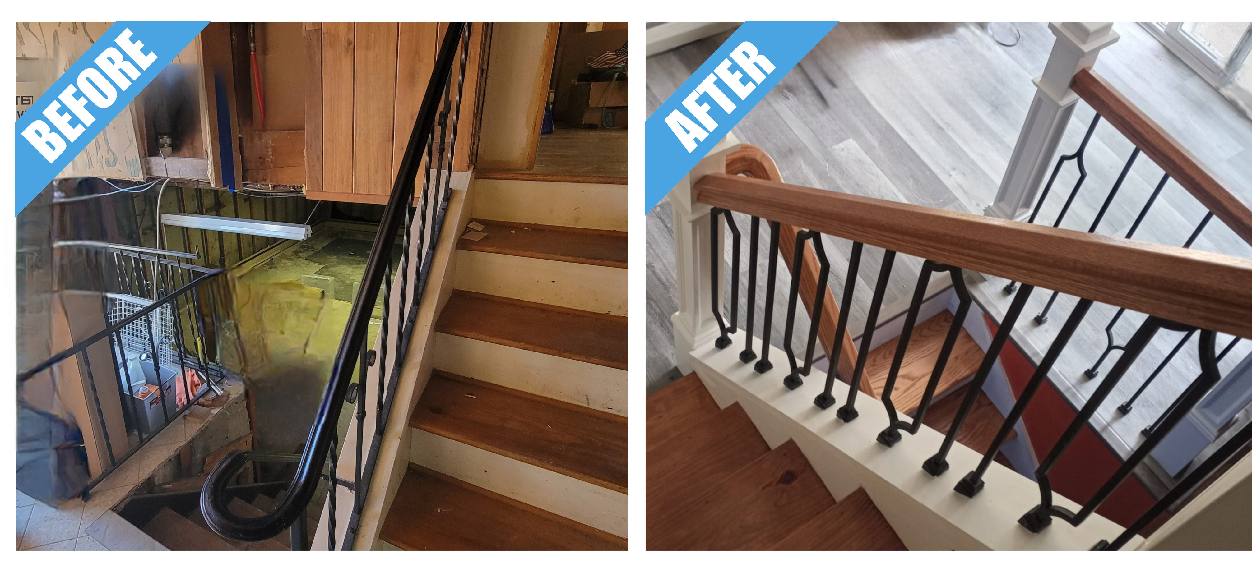 Before and after of a staircase remodel in Port Washington, NY: curved oak handrail with black metal spindles