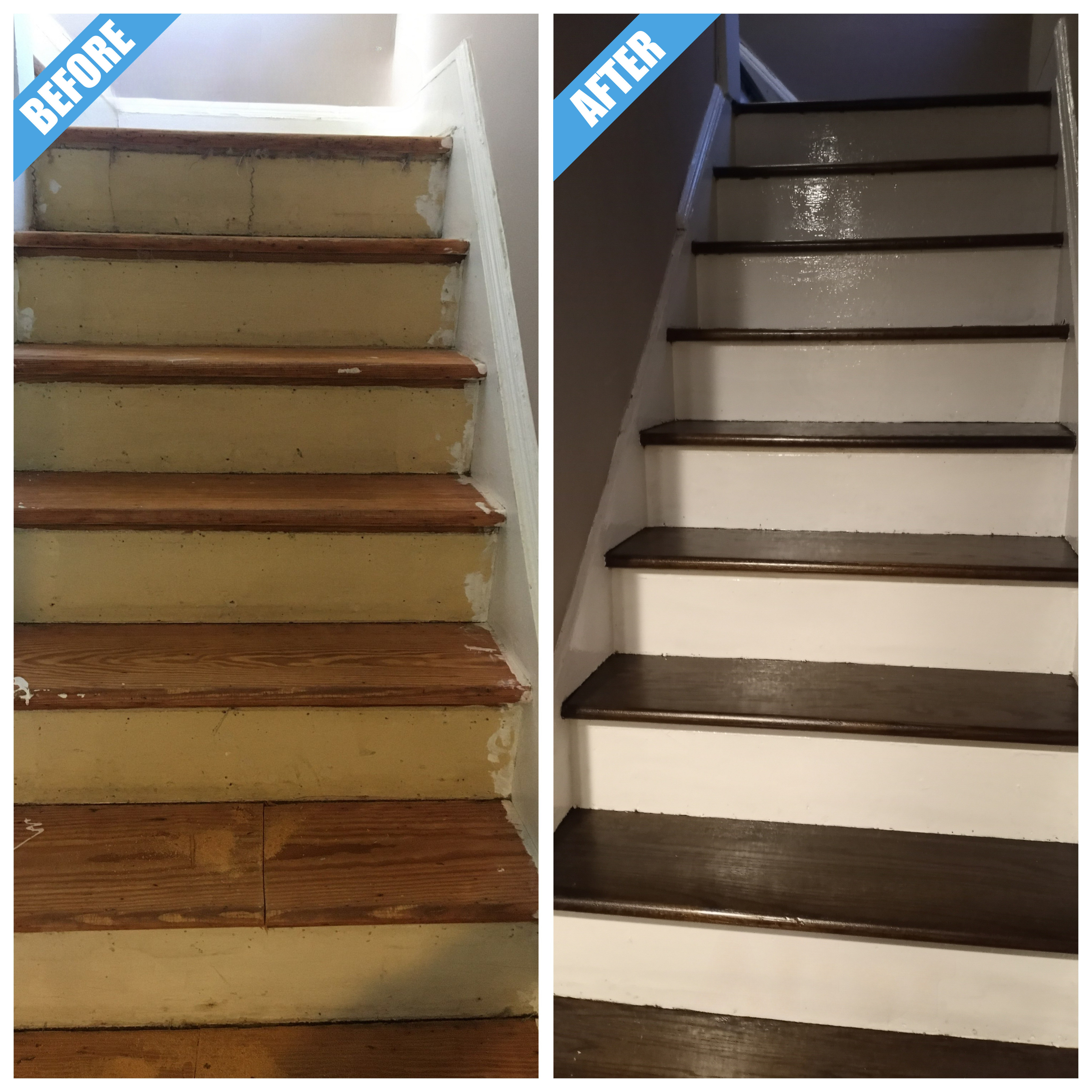 Before and after of a staircase remodel in Valley Stream, NY: worn stairs refinished with dark stained treads and white risers