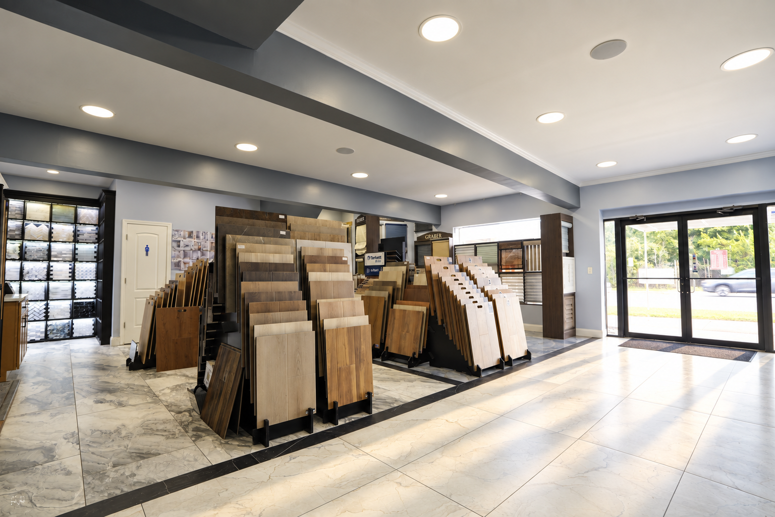Flooring displays at the entrance of the Class Remodeling showroom in Levittown, NY