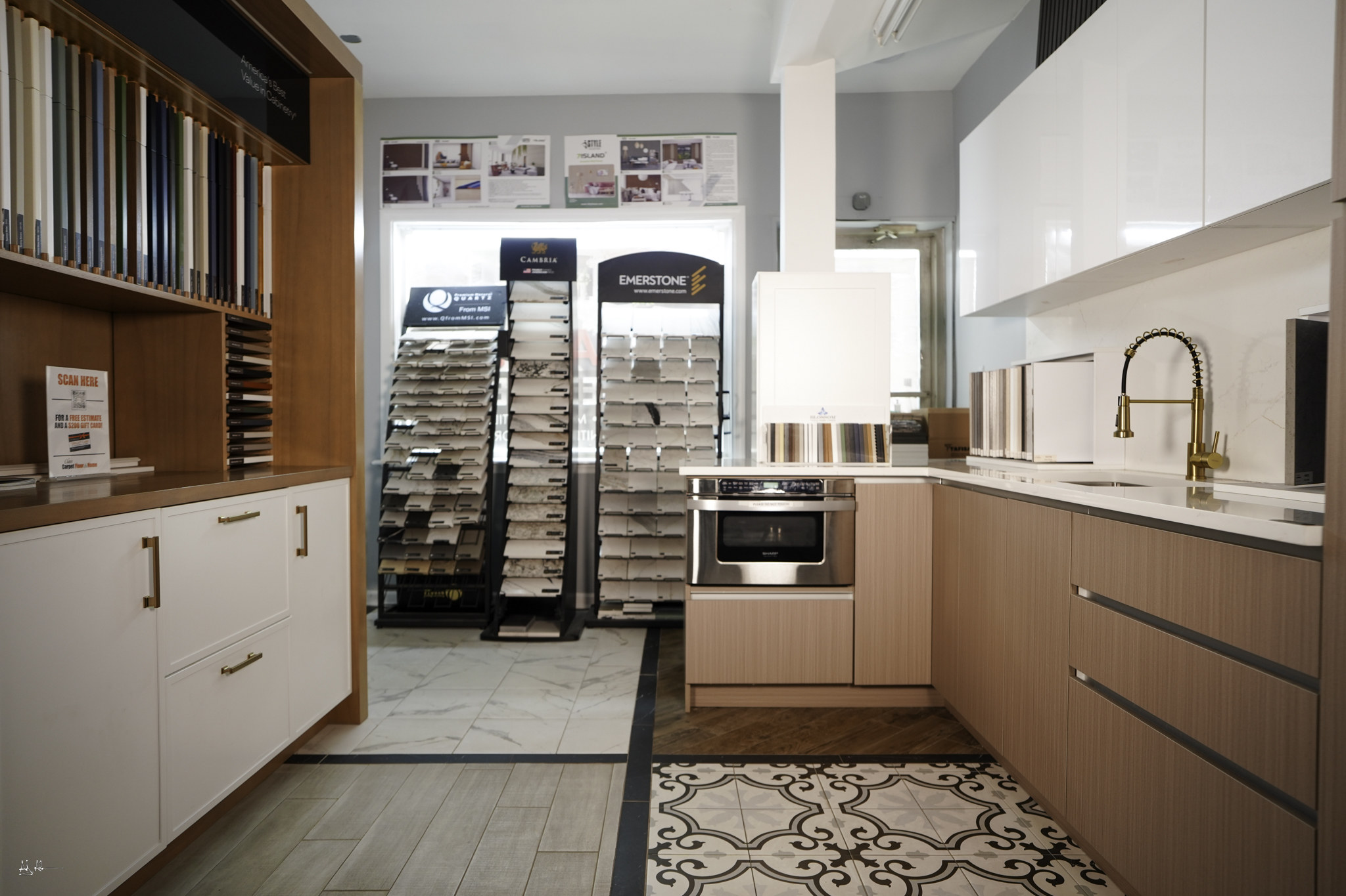 Kitchen display and stone samples at the Class Remodeling showroom in Levittown, NY