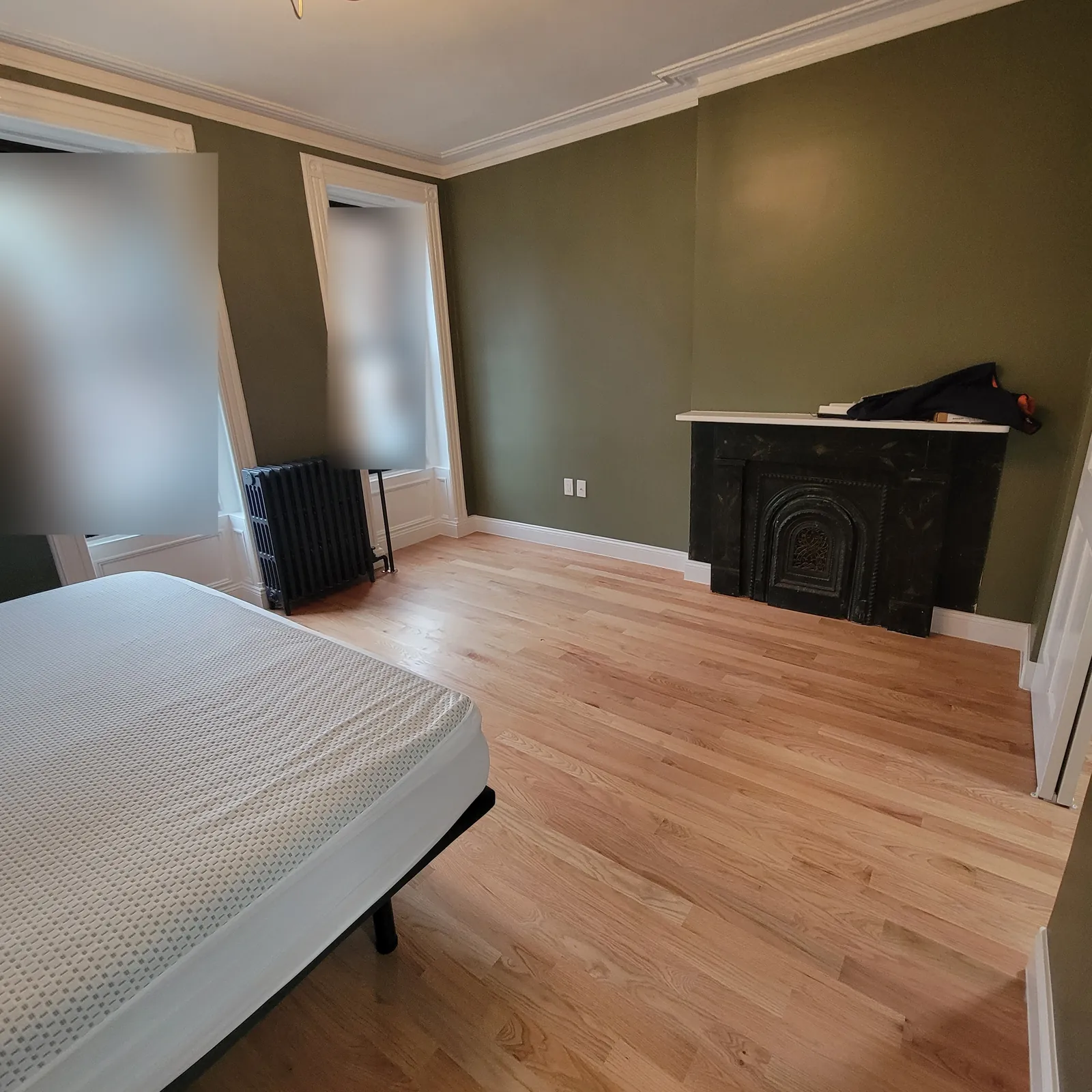 Bedroom remodel in the Bronx, NY: light wood floor, green walls and a black fireplace