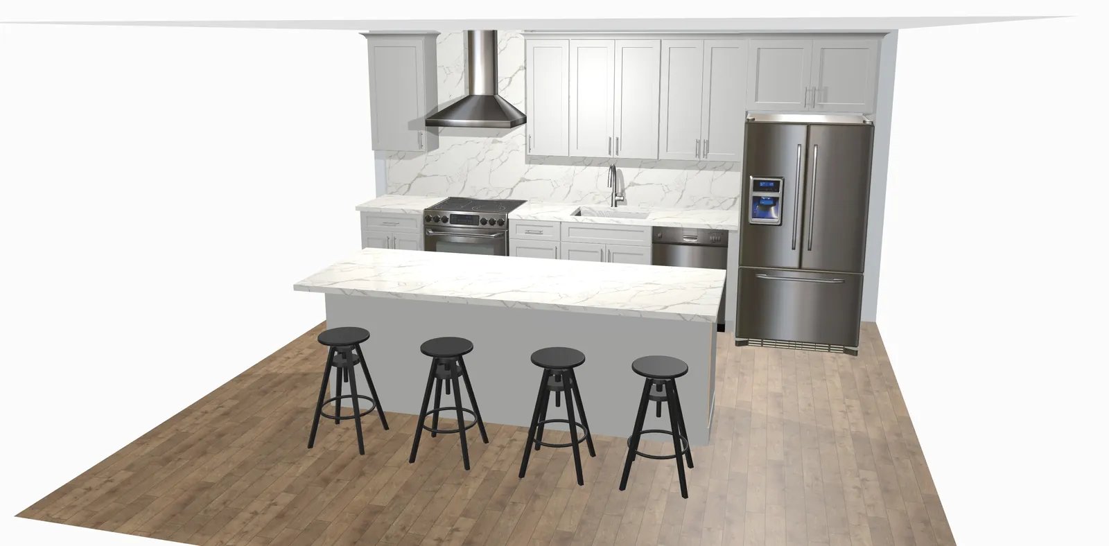 3D drawing of a kitchen remodel in the Bronx, NY: gray shaker cabinets, an island with four stools and a stainless range and fridge
