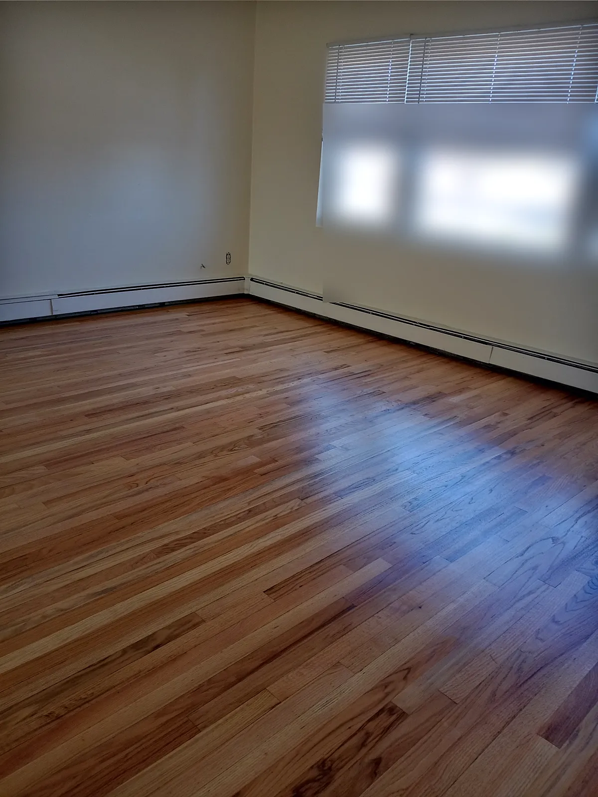 Living room remodel in Farmingdale, NY: a refinished natural wood floor across an empty living room with white baseboard heaters