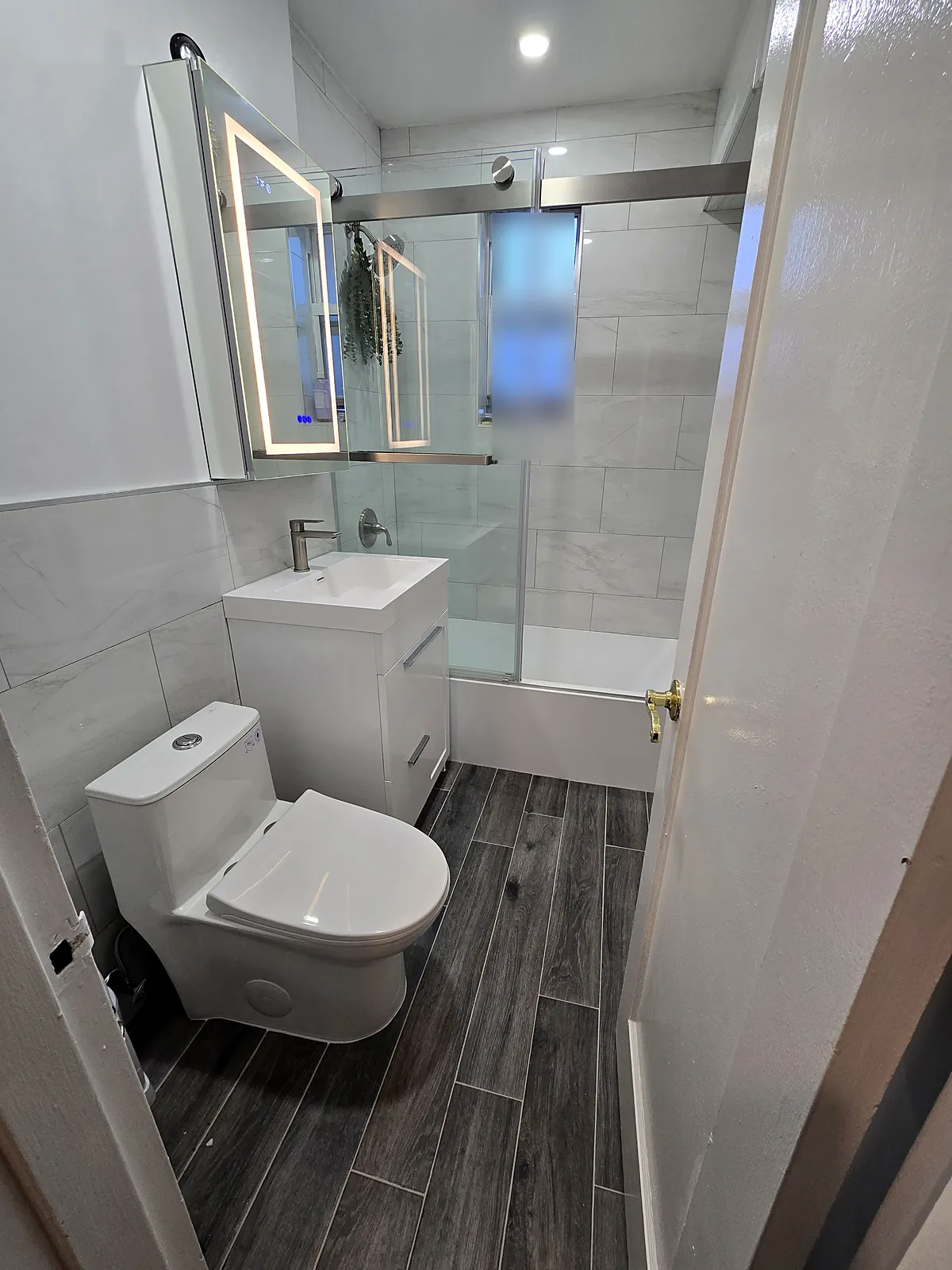Bathroom remodel in Freeport, NY: a white vanity, lit mirror cabinet, sliding glass tub door and dark wood-look plank floor tile, seen from the door