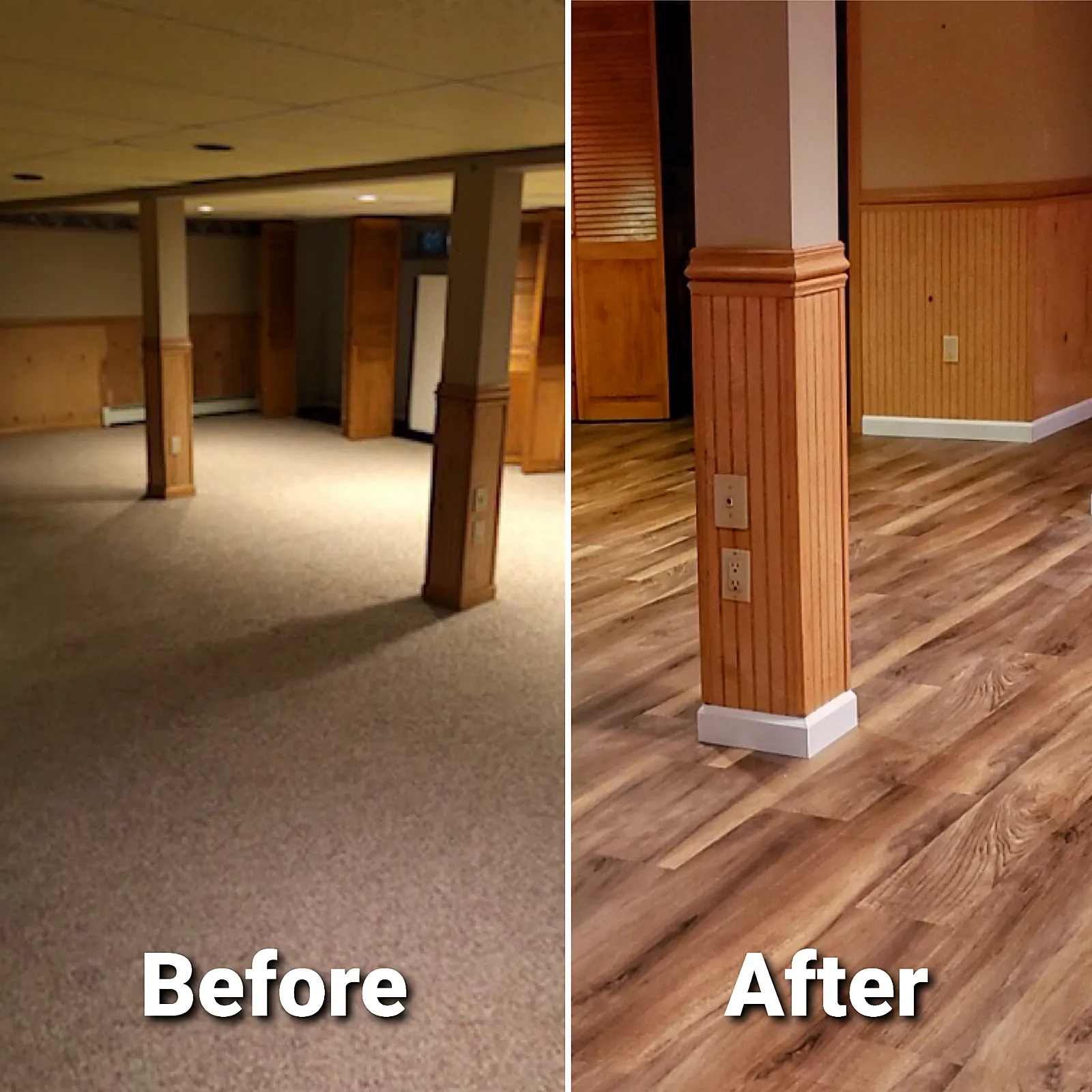 Before and after of a basement remodel in Garden City, NY: beige basement carpet replaced by a warm wood-look vinyl plank floor around paneled posts