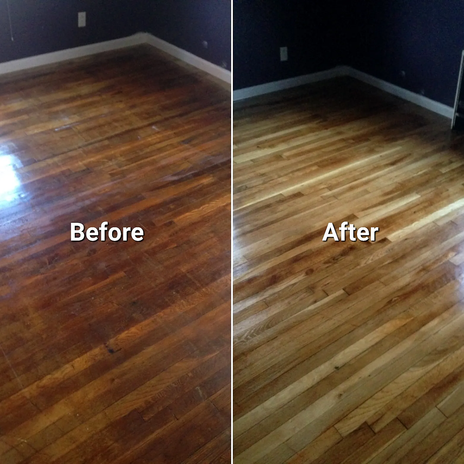 Before and after of a bedroom remodel in Huntington, NY: a dark, worn strip wood floor refinished to a light natural tone in a navy-walled bedroom