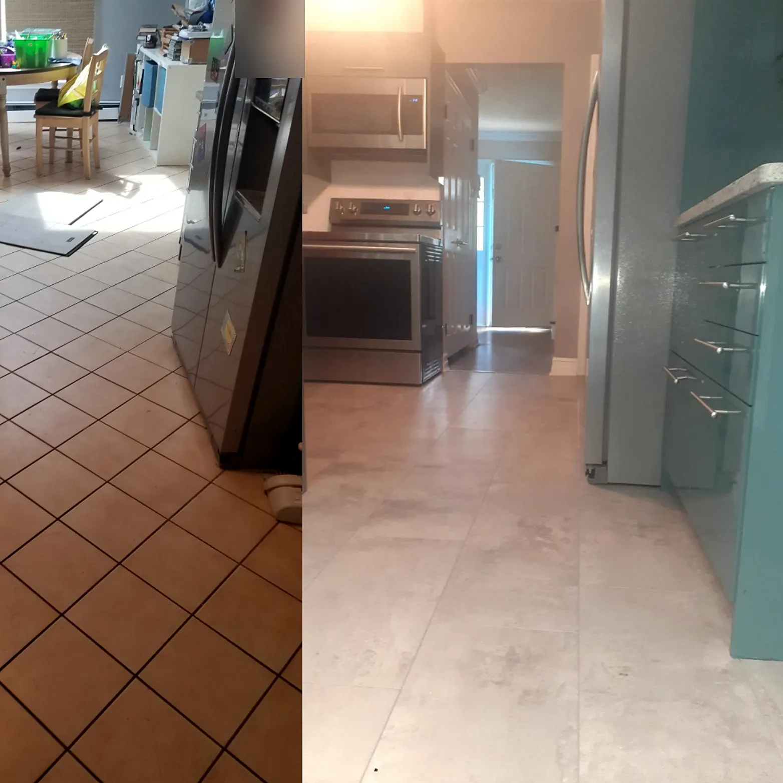 Before and after of a kitchen remodel in Huntington, NY: terracotta square tile replaced by a large light gray stone-look vinyl tile floor