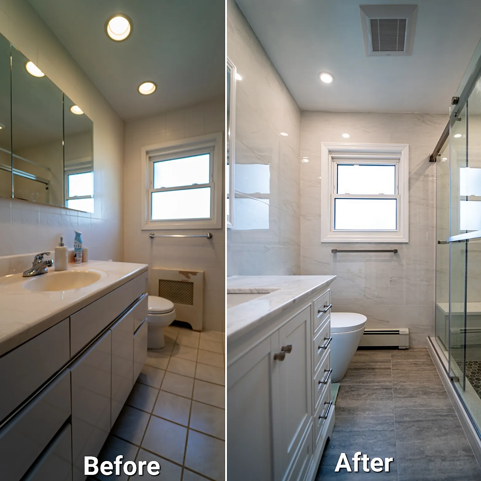 Before and after of a bathroom remodel in Massapequa, NY: beige tile and a cultured-marble vanity replaced by light stone-look tile, a white vanity and a glass shower