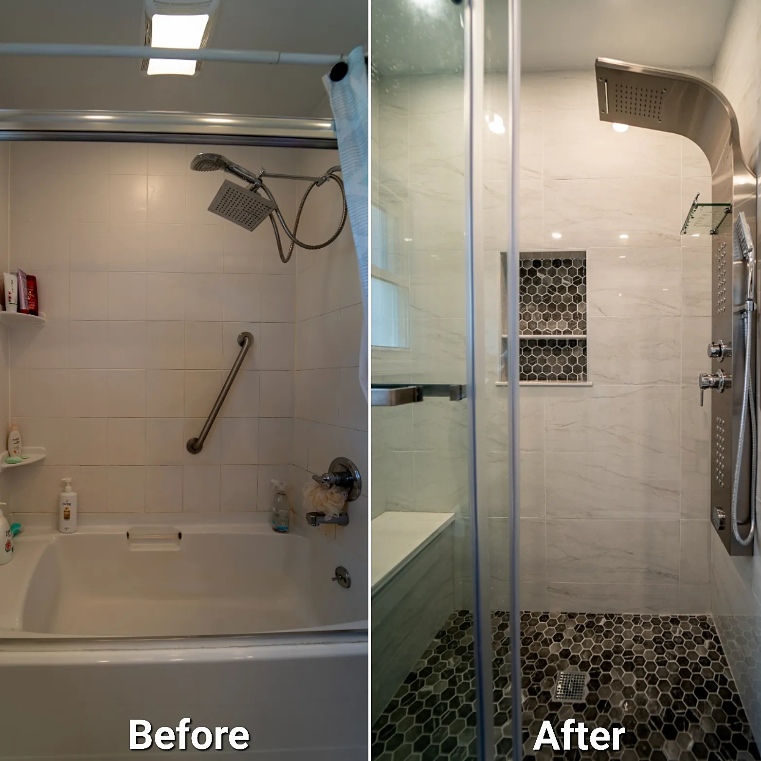 Before and after of a bathroom remodel in Massapequa, NY: tub and white tile replaced by a walk-in glass shower with a tiled niche and hexagon floor