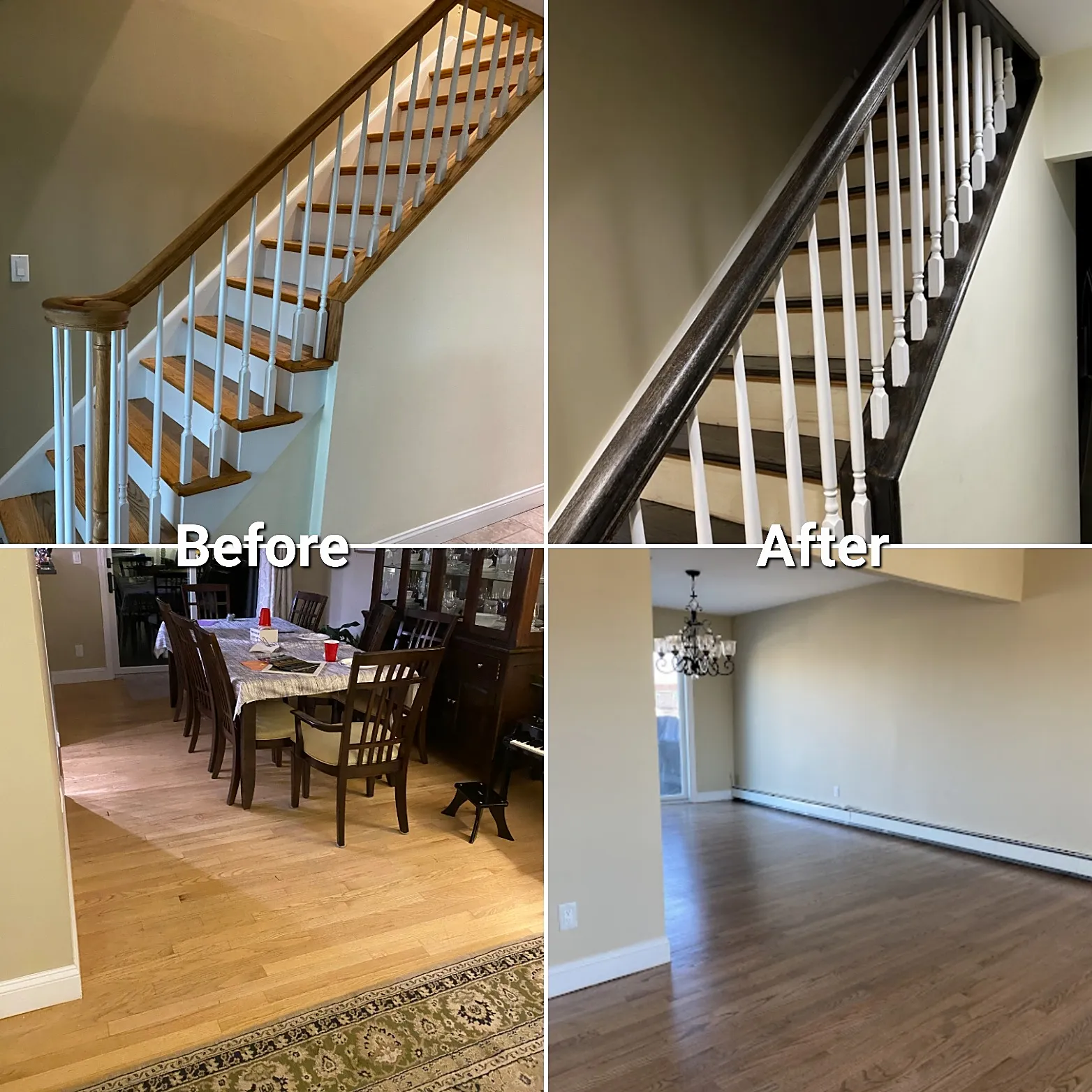 Before and after of a staircase and dining room remodel in Massapequa, NY: honey-toned stairs and floors refinished in a dark espresso stain with white spindles
