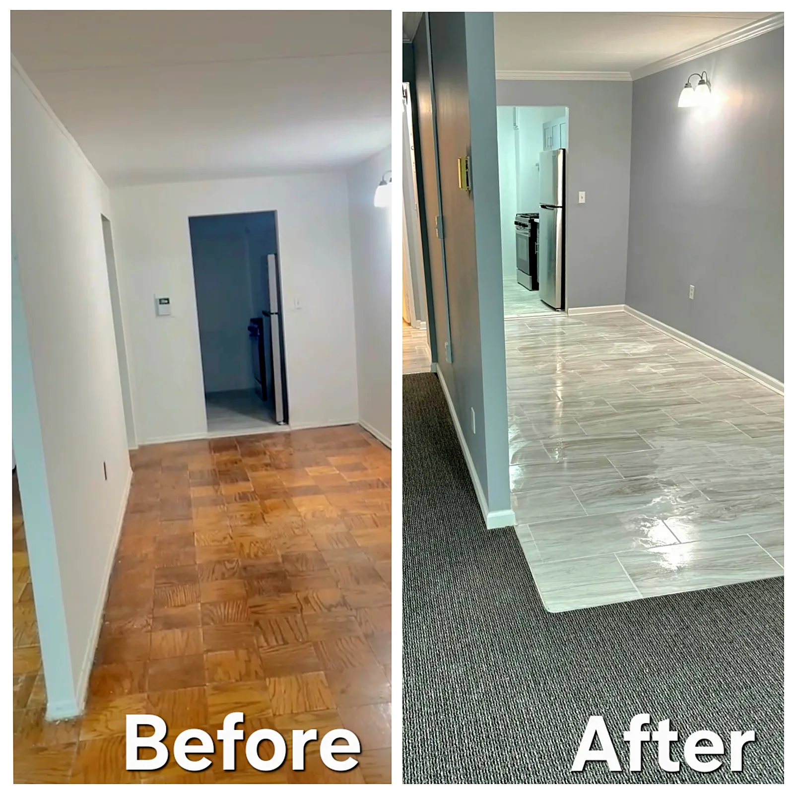 Before and after of a basement apartment remodel in Mineola, NY: white walls and a parquet floor replaced by gray painted walls, a tile walkway and gray carpet