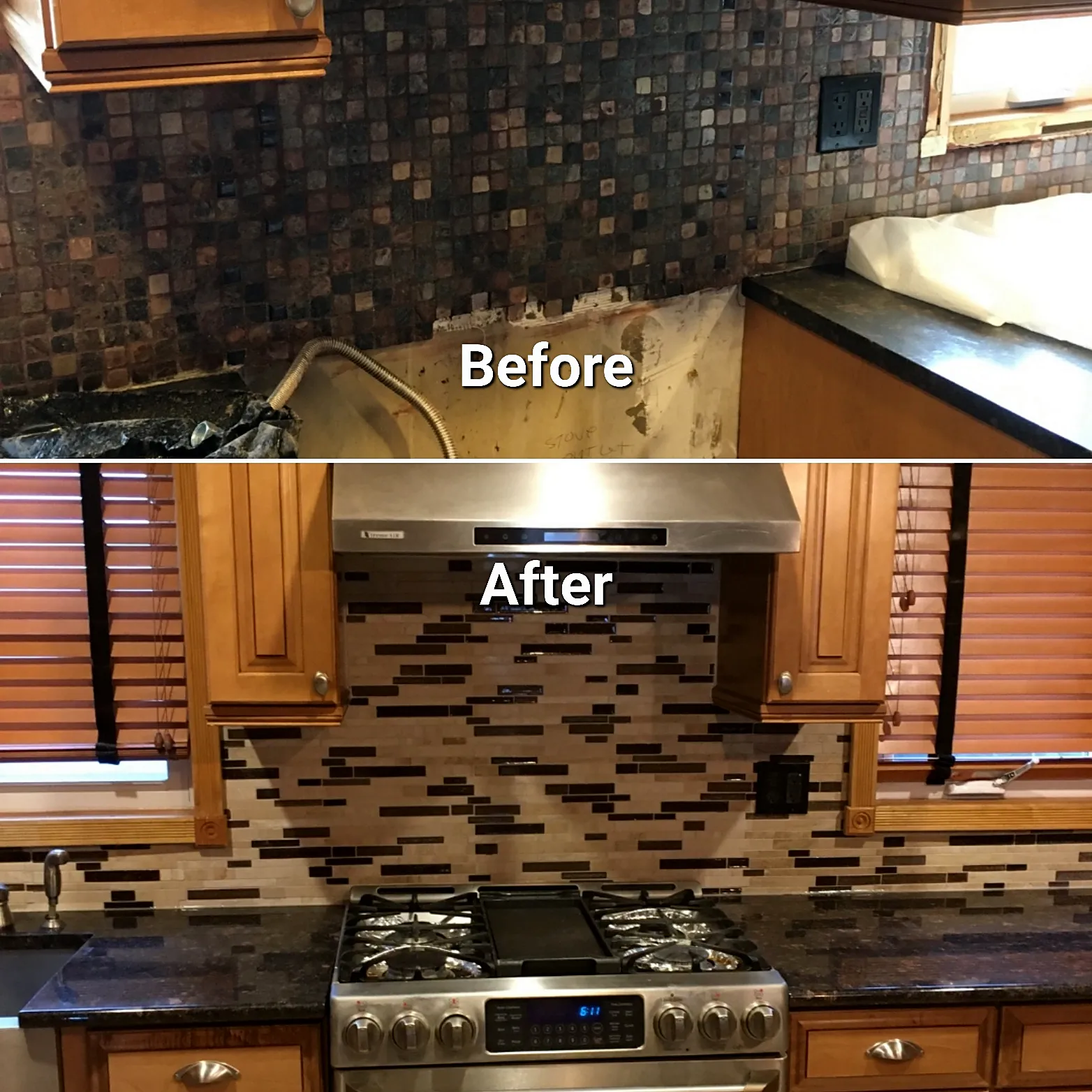 Before and after of a kitchen remodel in New Hyde Park, NY: a dark square mosaic backsplash replaced by a brown and cream linear tile backsplash behind the range