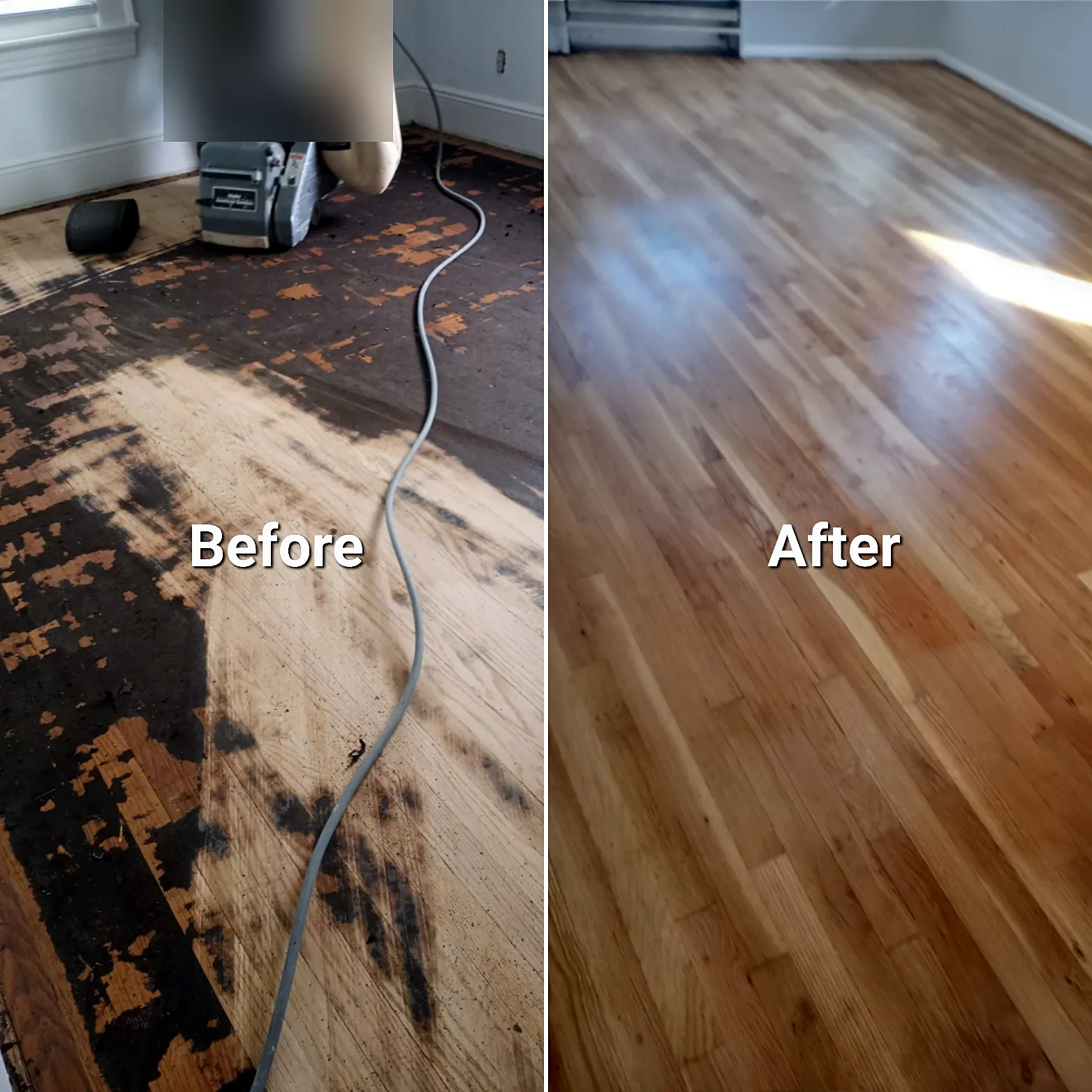 Before and after of a bedroom remodel in North Merrick, NY: a stripped floor with black adhesive patches refinished to a smooth natural wood finish