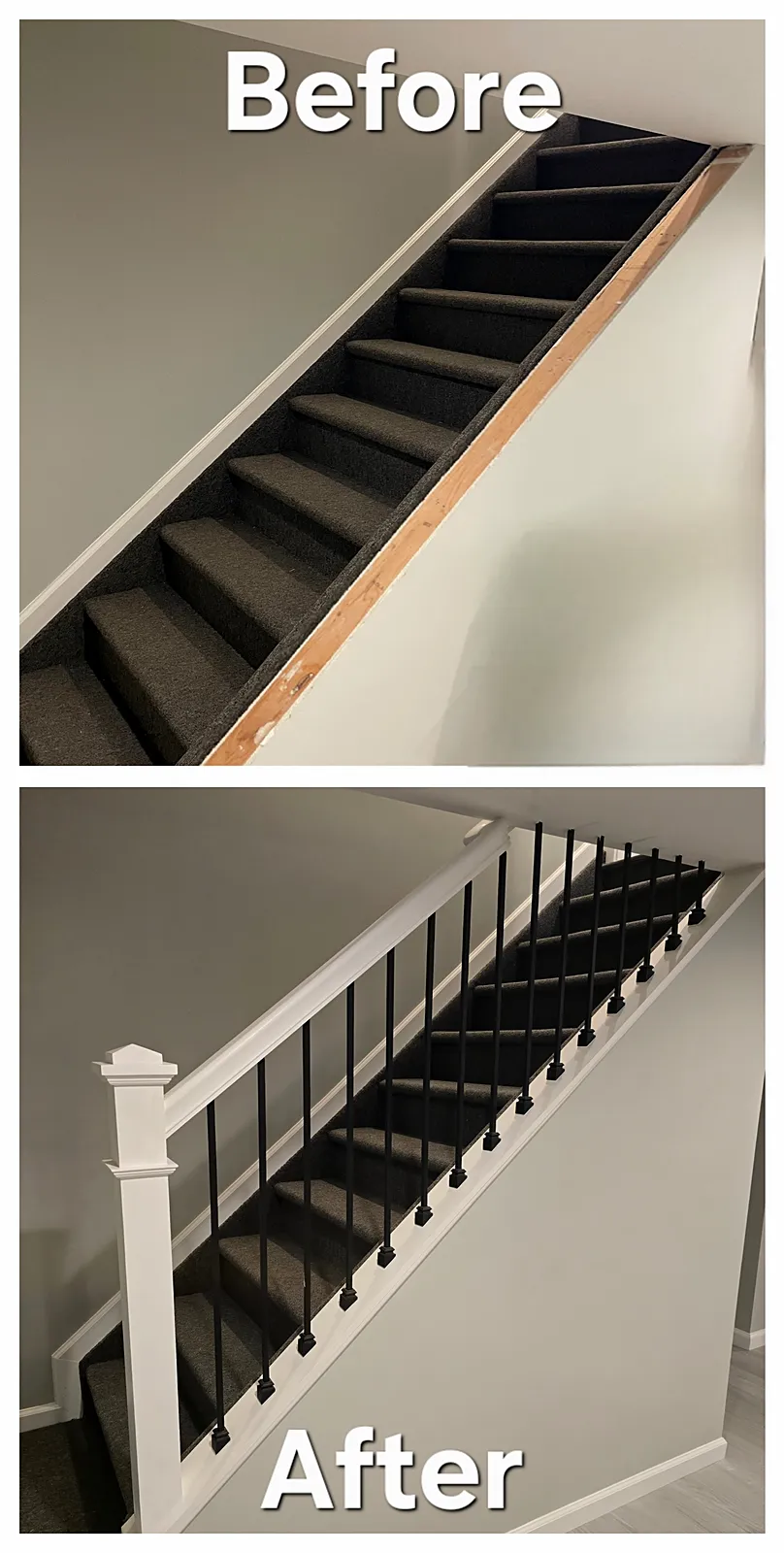 Before and after of a basement staircase remodel in Old Bethpage, NY: a closed carpeted staircase with a bare wood edge replaced by a white railing with black metal spindles