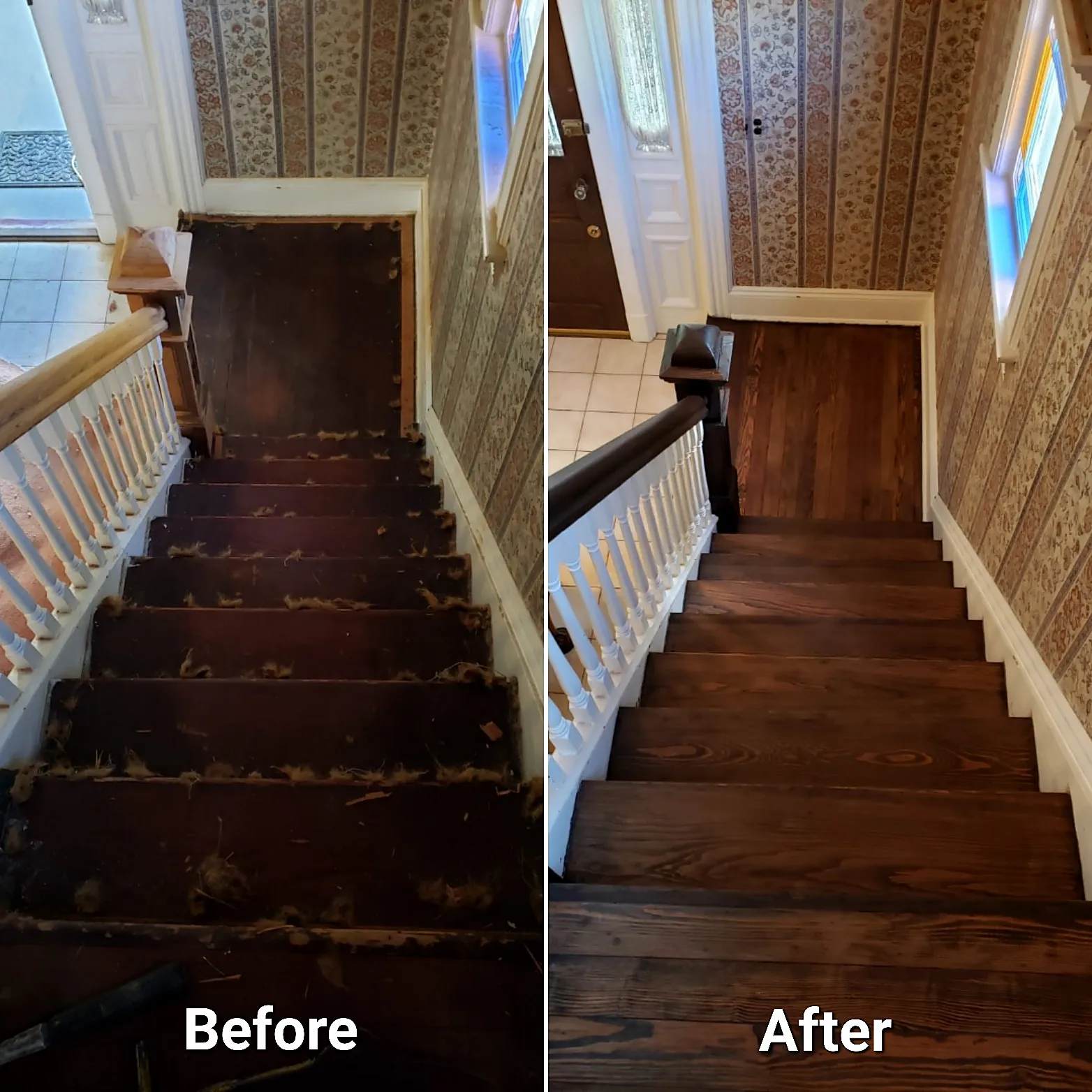 Before and after of a staircase remodel in Rockville Centre, NY: worn stair treads with old carpet residue refinished to a smooth dark brown wood