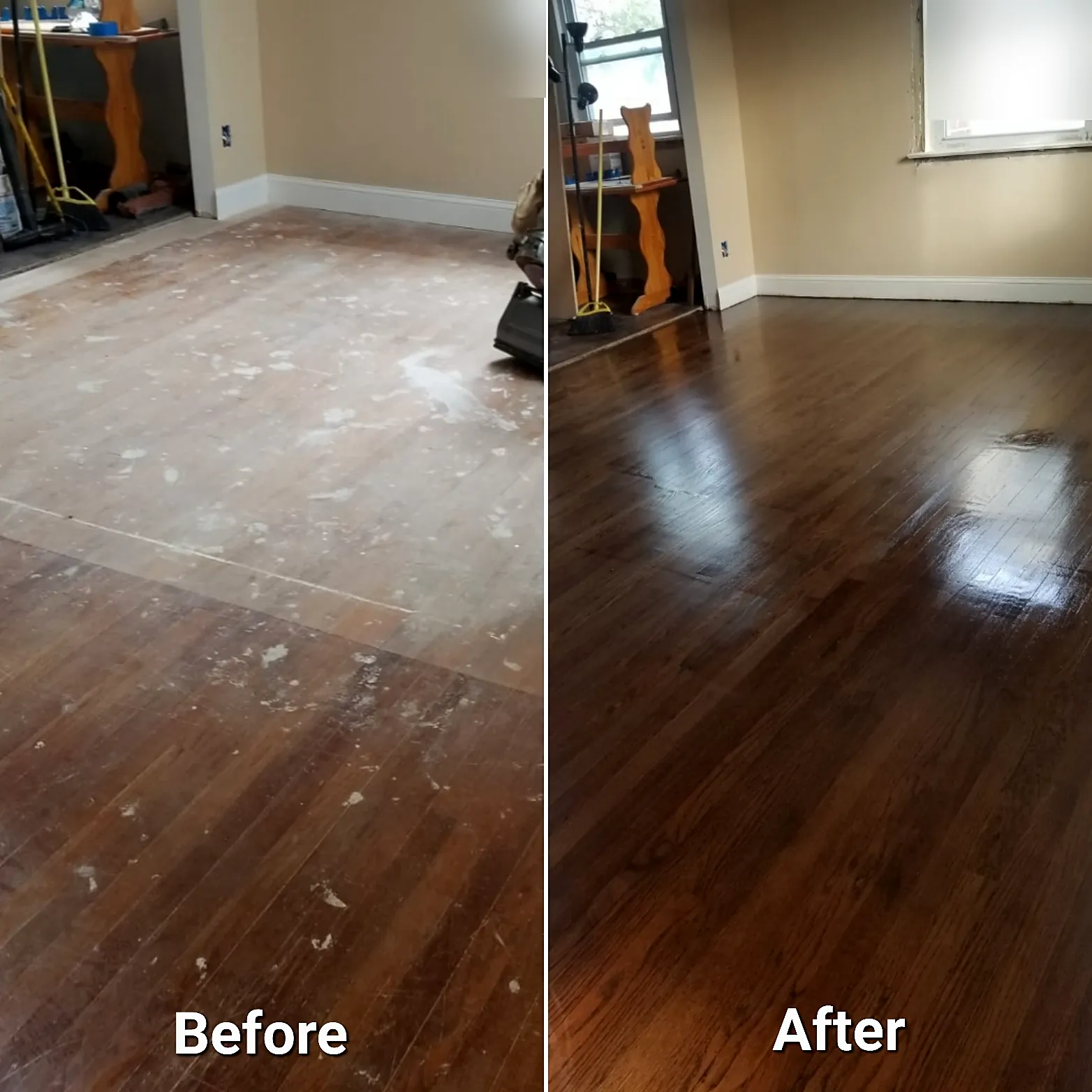 Before and after of a living room remodel in Uniondale, NY: a stained wood floor covered in paint spots refinished to a glossy dark brown