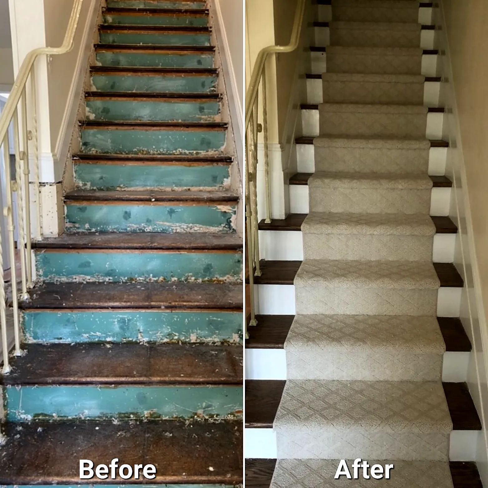 Before and after of a staircase remodel in West Hempstead, NY: worn stairs with stripped risers replaced by dark wood treads, white risers and a patterned runner